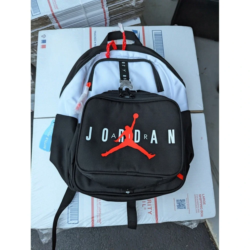 Jordan Kids Backpack Detachable Lunch Box Black White Red Jumpman School Bag
